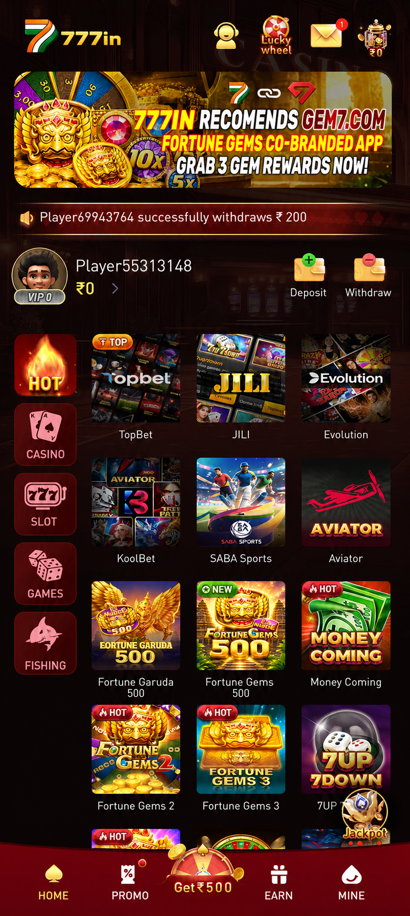 777in app home screen showing bonuses, VIP rewards and games