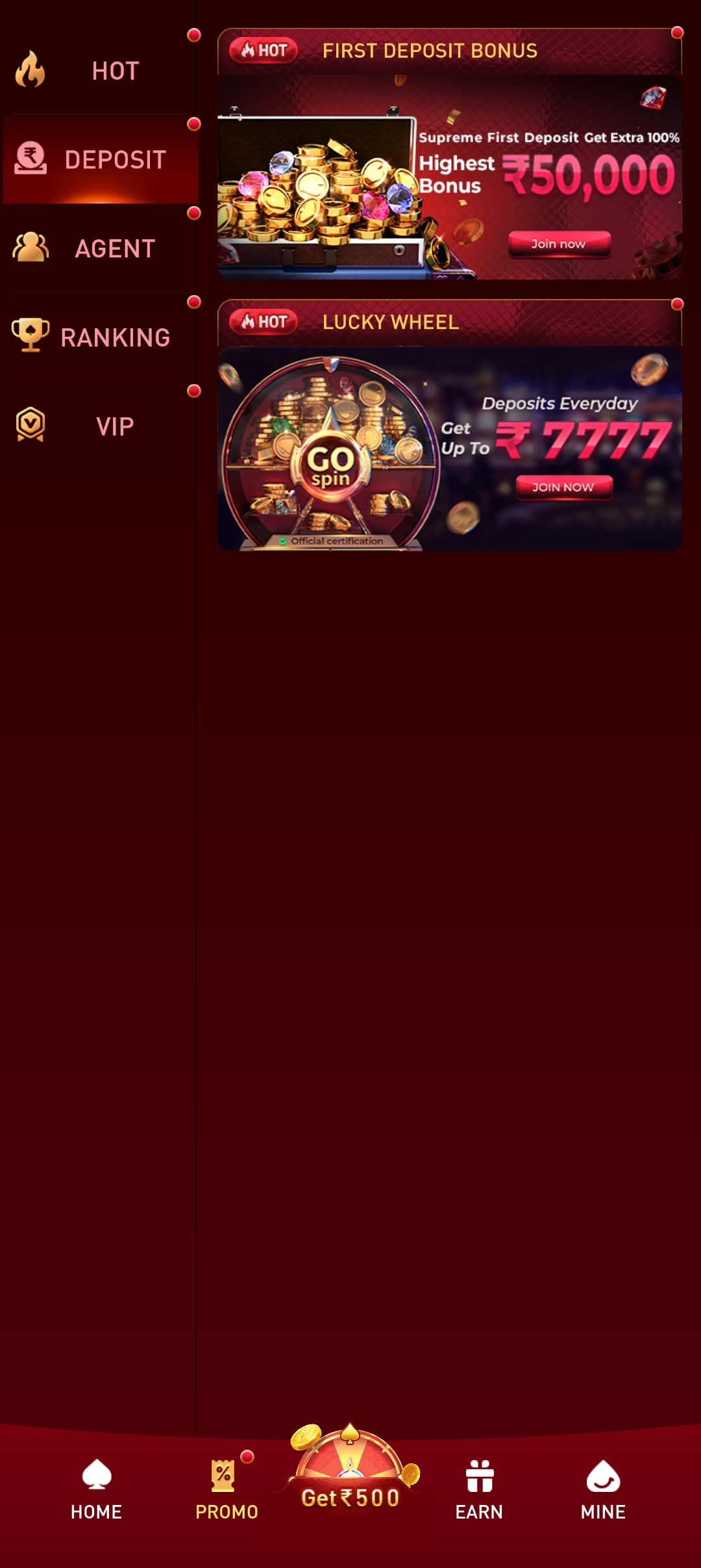 777in app screenshot — deposit bonuses